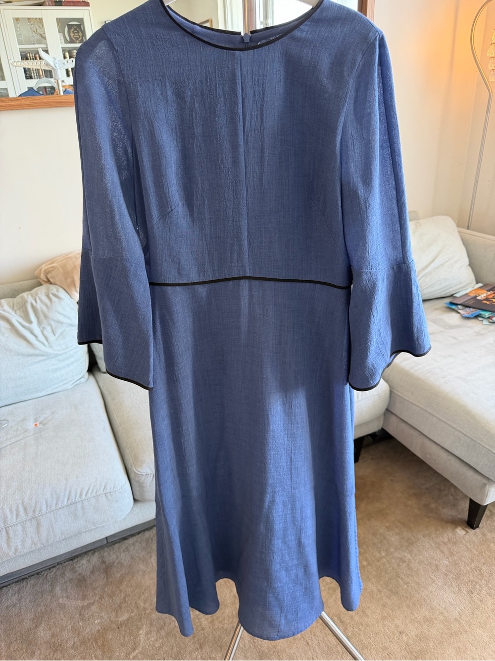 CEFINN Navy Long-Sleeve Midi Dress with Black Piping